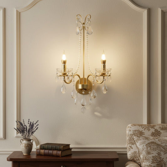 Elegant Luxe Ornate Metal & Crystal Pearl Wall Sconce