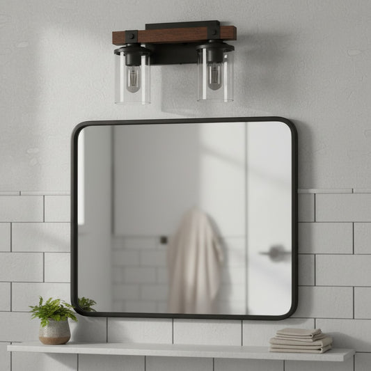 Industrial Black Metal & Wood Vanity Wall Sconce