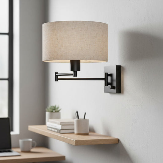 Modern Black Metal Swing Arm Linen Wall Sconce