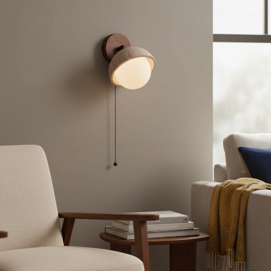 Wabi-Sabi Travertine & Wood Half-Moon Wall Sconce