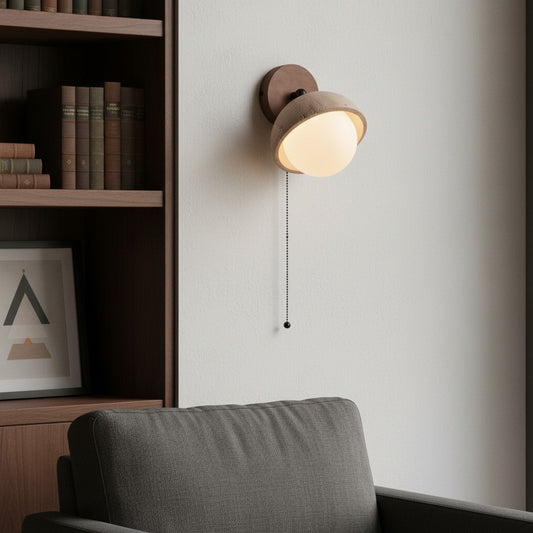 Wabi-Sabi Travertine & Wood Half-Moon Wall Sconce