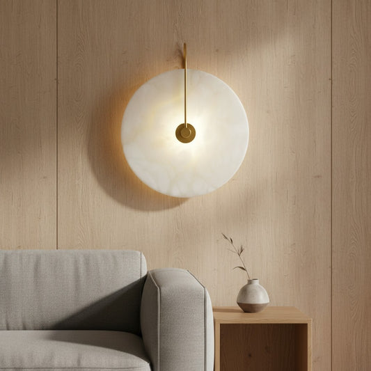Contemporary Alabaster Brass Round LED Wall Sconce